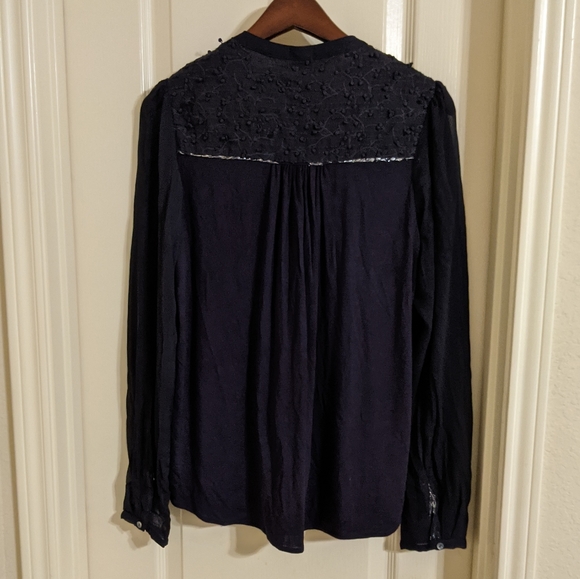 Anthropologie Tiny Navy Mixed Media Tie Blouse L - Picture 8 of 8
